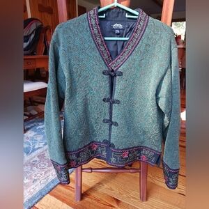 Icelandic Design wool sweater lined cardigan L Asian inspired green/black red